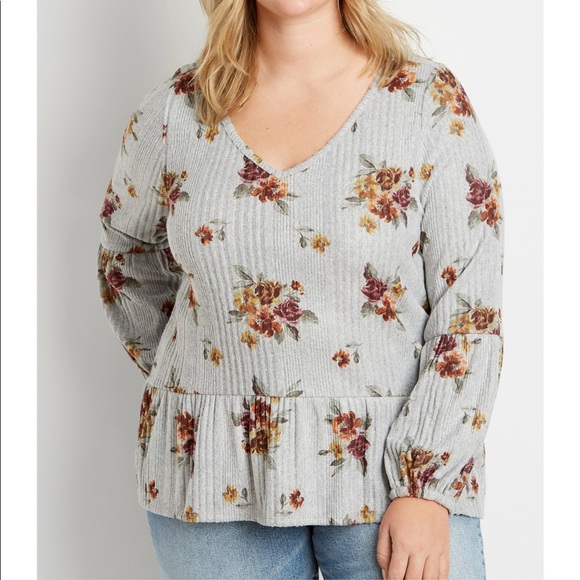 Plus Sz 3X Gray Floral Ribbed Peplum Top - Picture 3 of 11